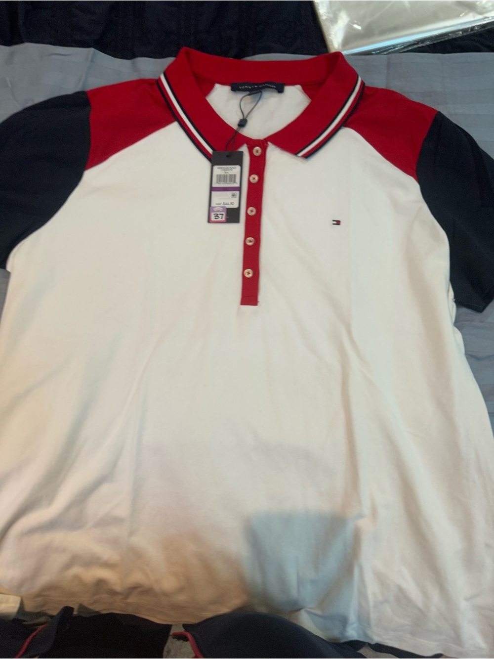 Tommy Hilfiger White Polo with Red Collar and Navy Sleeves